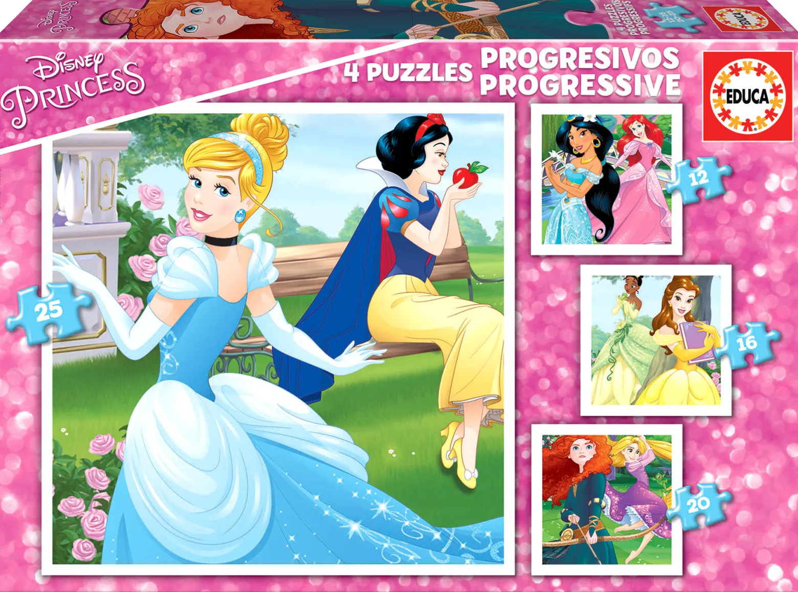 Puzzle 12 el. + 16 el. + 20 el. + 25 el. Księżniczki z bajek Disneya