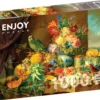 Puzzle 1000 el. Martwa natura z owocami, kwiatami i papugą, Josef Schuster