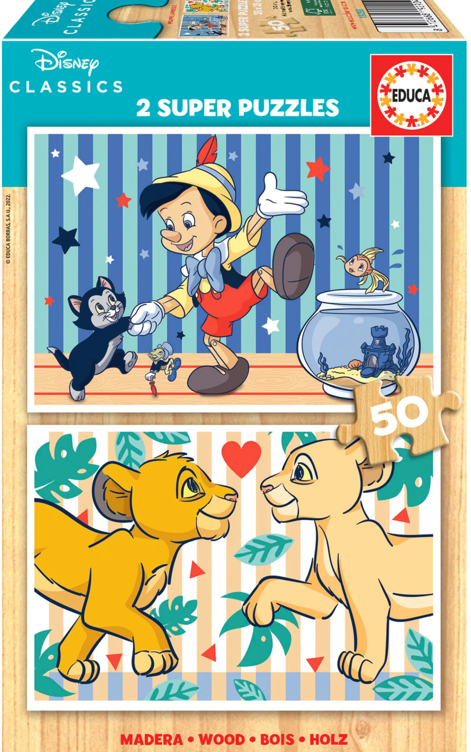 Puzzle 2 x 50 el. Pinokio / Król Lew (drewniane)